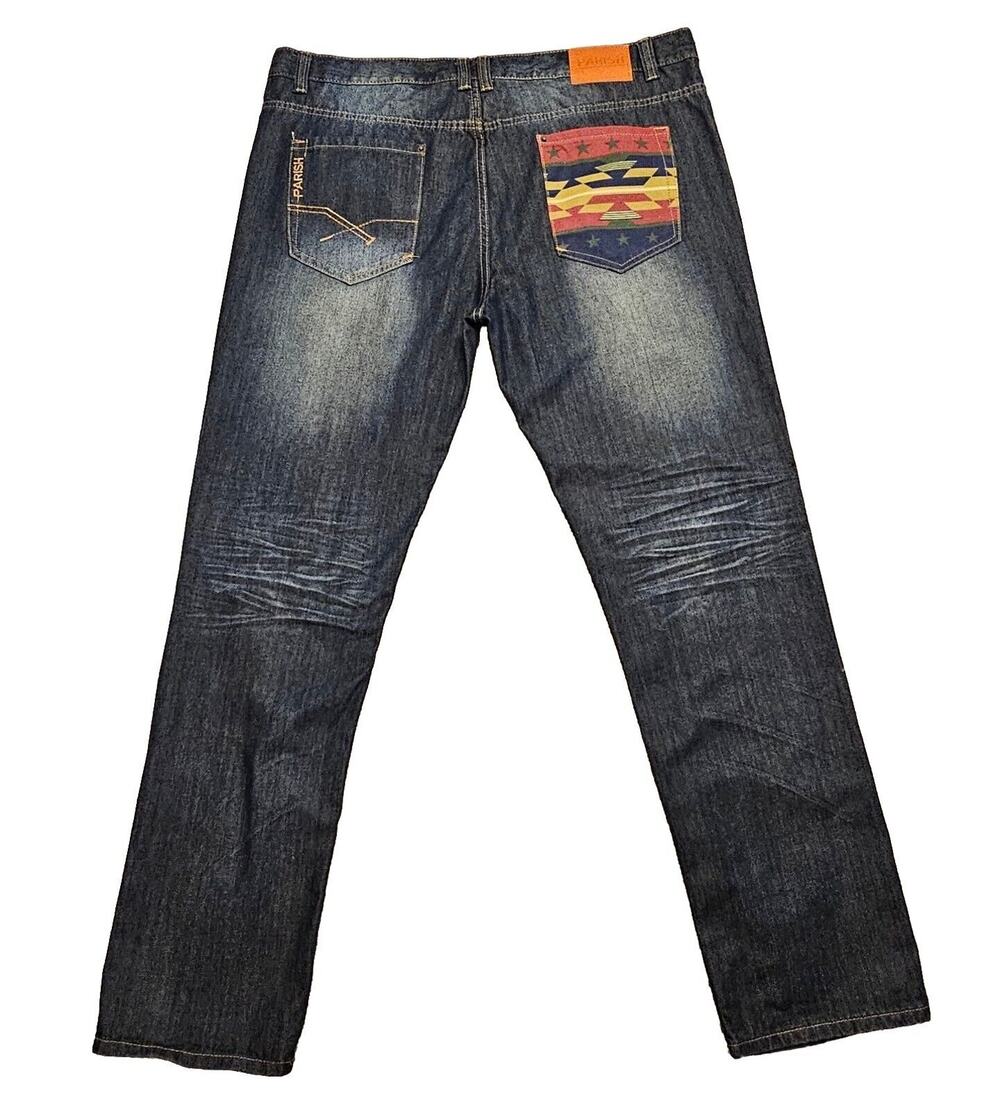 Parish Nation Jeans Mens Sz 40x34  Tribal Aztec Pocket Distressed Dark Blue
